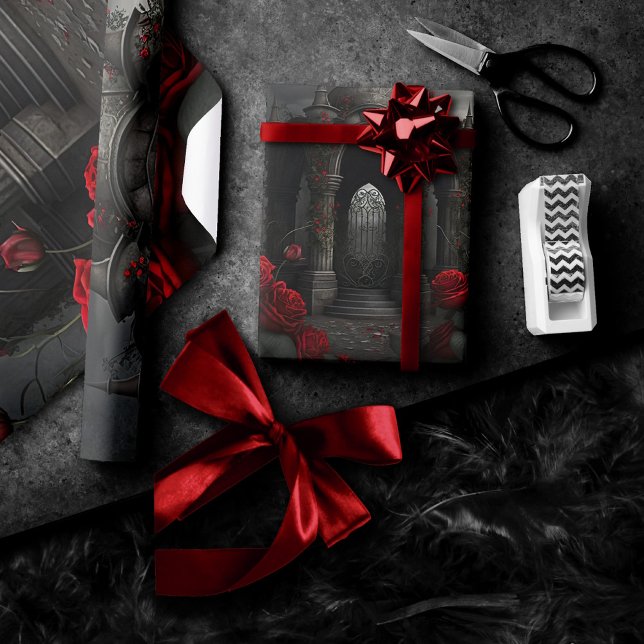 Gothic Cemetery Gazebo with Red Roses at Night Wrapping Paper (Creator Uploaded)