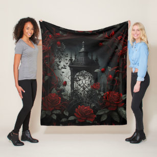 Gothic Cemetery Rose Garden with Red and Black Fleece Blanket