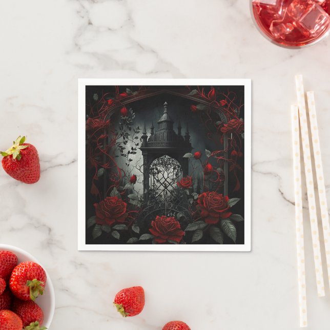 Gothic Cemetery Rose Garden with Red and Black Napkin (Insitu)