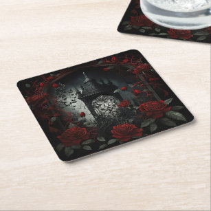 Gothic Cemetery Rose Garden with Red and Black Square Paper Coaster