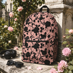 Gothic Cemetery Roses Pink & Black Floral Printed Backpack