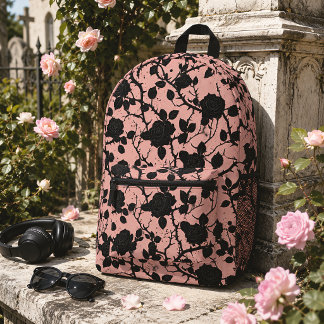 Gothic Cemetery Roses Pink & Black Floral Printed Backpack