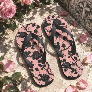 Gothic Cemetery Roses Pink & Black Thongs