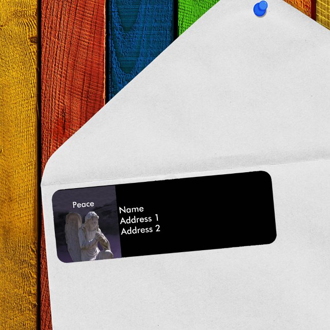 Gothic Cemetery Stone Angel Peace Return Address Label (Peaceful angel stone statue light shining from above on purple and black return address labels.)