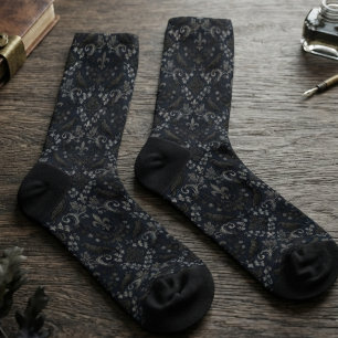 Gothic Charcoal Black Damask Raven Design Socks