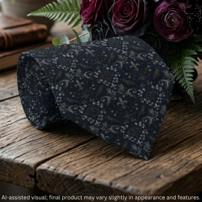 Gothic Charcoal Black Damask Raven Design Tie (Rolled charcoal raven damask tie and dark bouquet for a gothic groom's moody wedding day.)