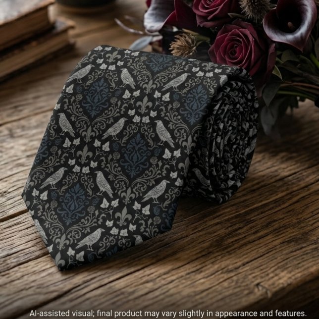 Gothic Charcoal Black Damask Raven Tie (Rolled gothic raven damask tie next to a dark rose bouquet for an alternative groom's wedding.)
