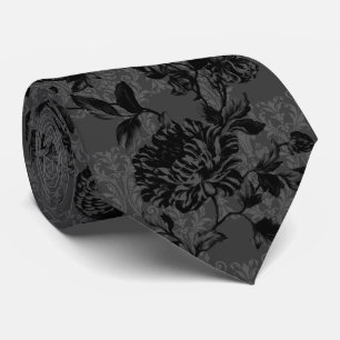 Gothic Charcoal Damask Black Floral Wedding Tie