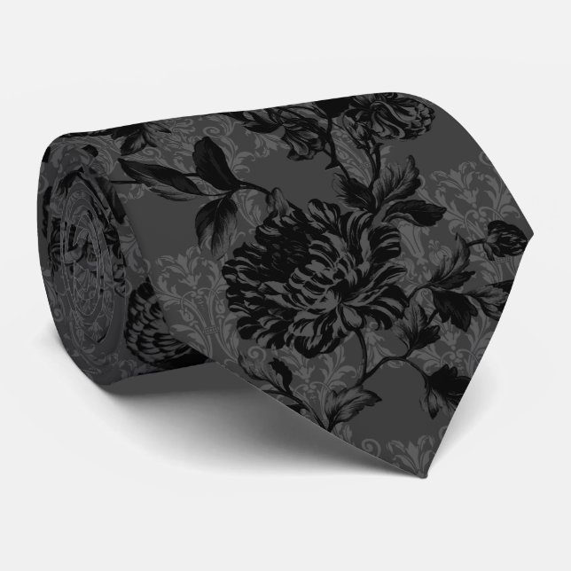 Gothic Charcoal Damask Black Floral Wedding Tie (Rolled)