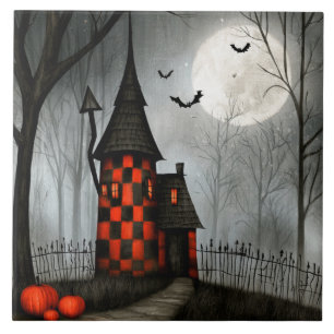 Gothic Chequerboard Halloween Tower Ceramic Tile