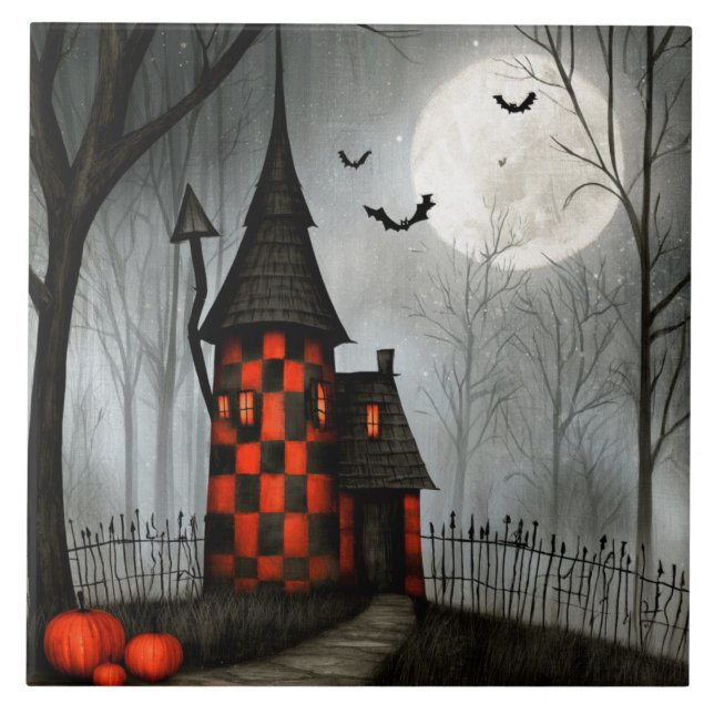 Gothic Chequerboard Halloween Tower Ceramic Tile (Front)