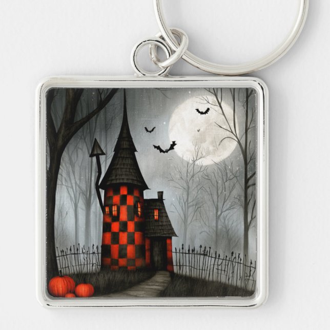 Gothic Chequerboard Halloween Tower Key Ring (Front)