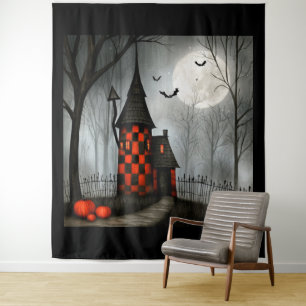 Gothic Chequerboard Halloween Tower Tapestry
