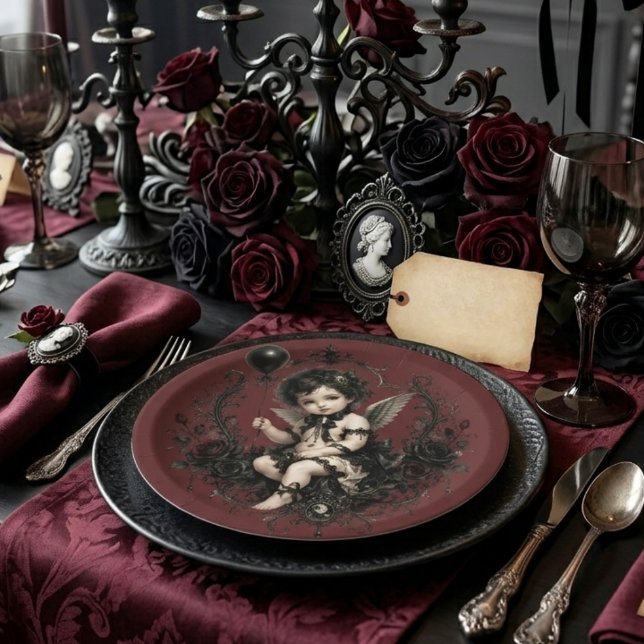 Gothic Cherub Black Rose Dark Romance Paper Plate (Creator Uploaded)