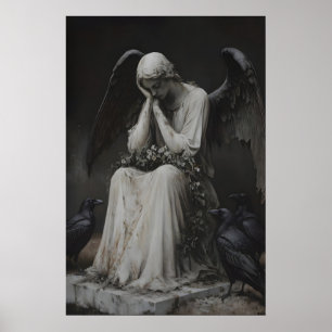 Gothic Christmas Angel Statue with Ravens Art Poster