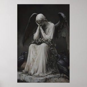 Gothic Christmas Angel Statue with Ravens Art Poster