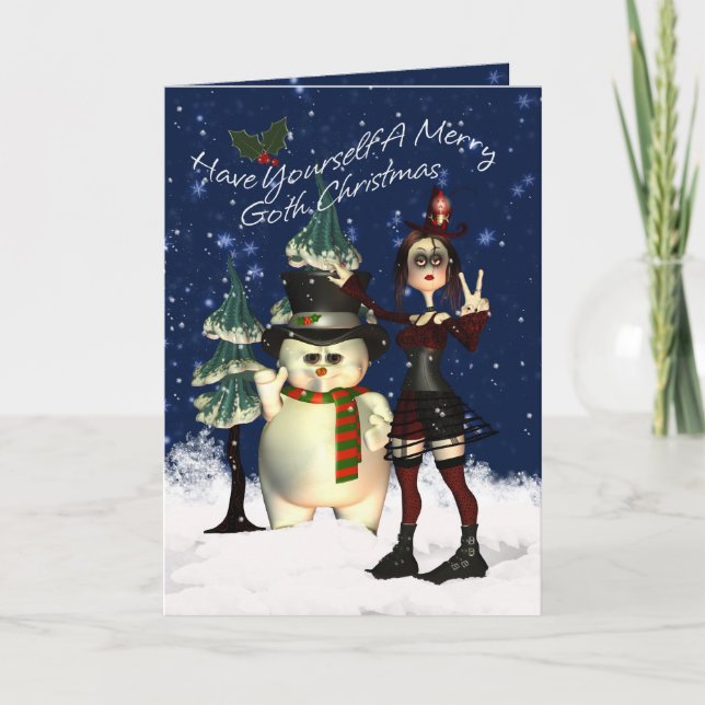 Gothic Christmas Card, H.I.P. And Snowman Holiday Card (Front)