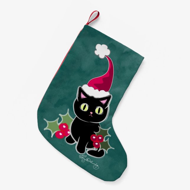 Gothic Christmas Cat Green Small Christmas Stocking (Front (Hanging))