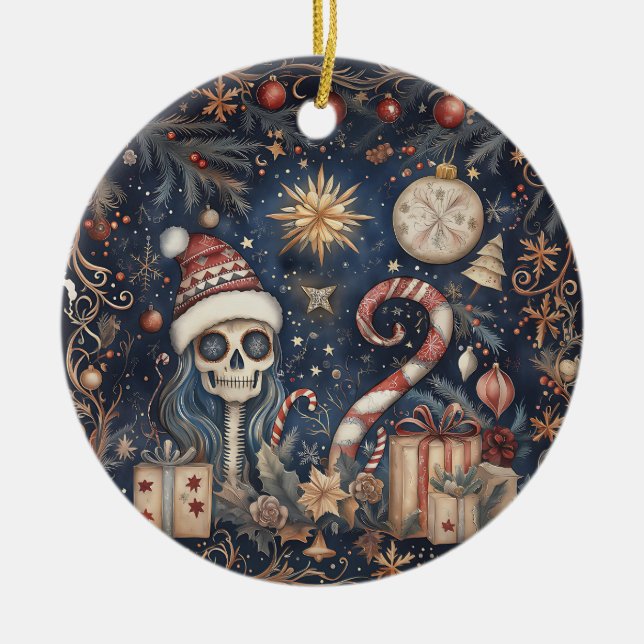 Gothic Christmas Festive Spooky Skull  Ceramic Ornament (Front)