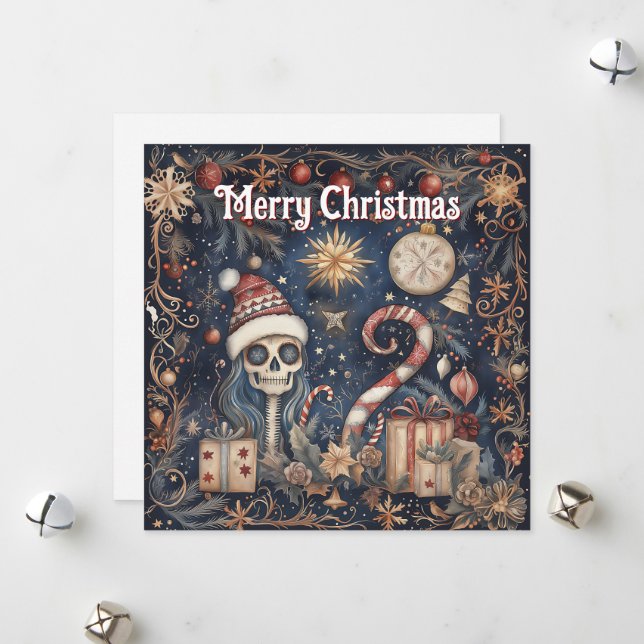 Gothic Christmas Festive Spooky Skull  Holiday Card (Front/Back In Situ)
