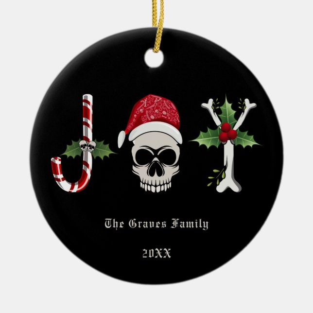 Gothic Christmas JOY Skull Ceramic Ornament (Front)