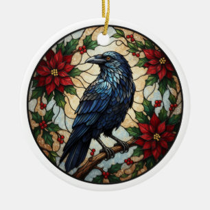 Gothic Christmas Raven Poinsettia Ceramic Ornament