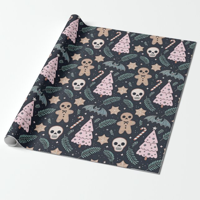 Gothic Christmas Skull and Gingerbread Man Wrapping Paper (Unrolled)