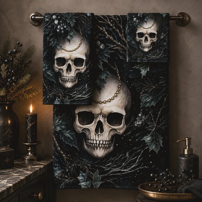 Gothic Christmas Skull & Holly Bath Towel Set (Creator Uploaded)