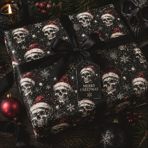 Gothic Christmas Skulls in Santa Hats Wrapping Paper
