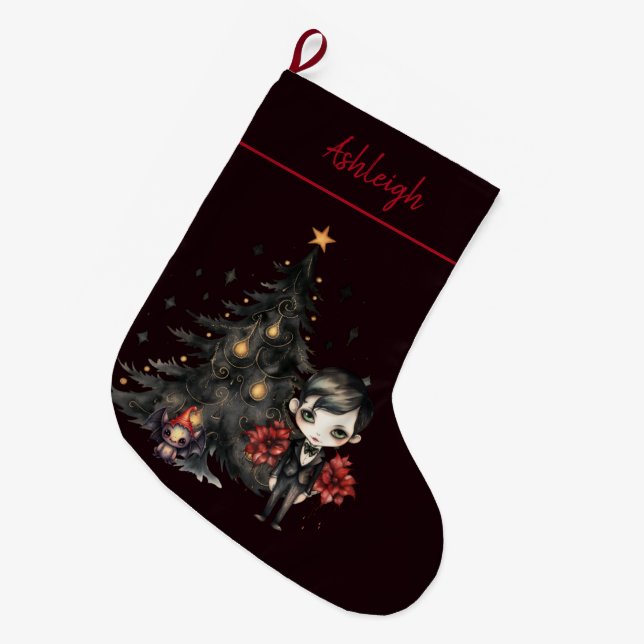 Gothic Christmas Tree Creepy Boy Large Christmas Stocking (Front (Hanging))
