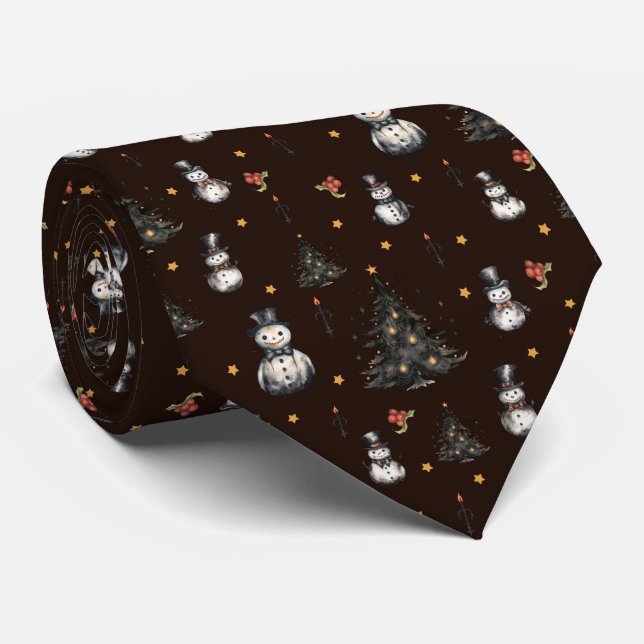 Gothic Christmas Tree Creepy Snowmen Neck Tie (Rolled)