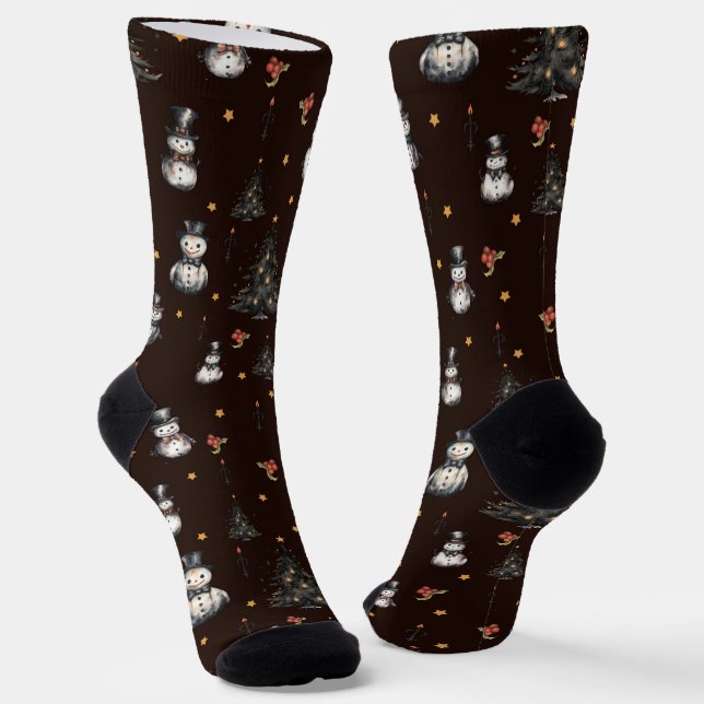 Gothic Christmas Tree Creepy Snowmen Socks (Angled)