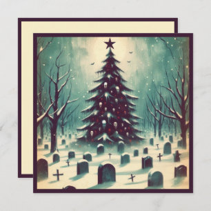 Gothic Christmas Tree with Graveyard Bats Horror Holiday Card