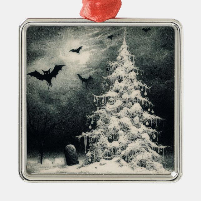 Gothic Christmas Tree with Spooky Bats Horror Metal Ornament (Front)