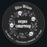 Gothic Christmas Wreath Classic Round Sticker<br><div class="desc">Show your black Christmas Spirit with these Gothic Christmas Wreath address stickers. This design features a black and white wreath with playful skulls all over. Personalise with your name and address.</div>