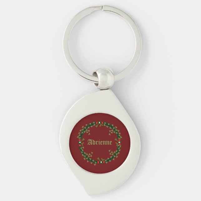 Gothic Christmas Wreath Custom Name Key Ring (Front)