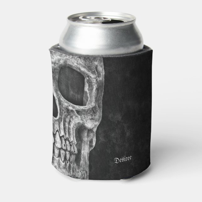 Gothic Cool Half Skull Head Black And White Grunge Can Cooler (Can Back)