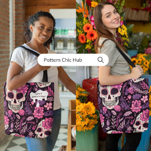 Gothic Cool Sugar Skull Flowers Modern Elegant Tote Bag