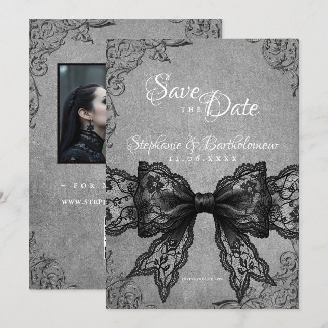 Gothic Coquette Black Lace Bow Photo Save The Date (Front/Back)