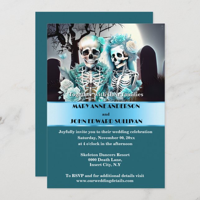 Gothic couple aqua blue skeleton wedding invitation (Front/Back)
