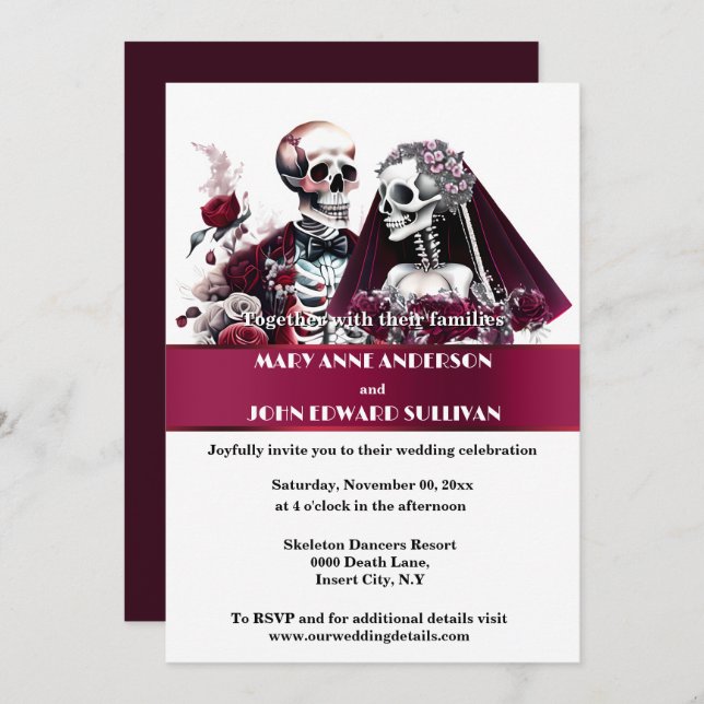 Gothic couple burgundy white rose wedding invitation (Front/Back)