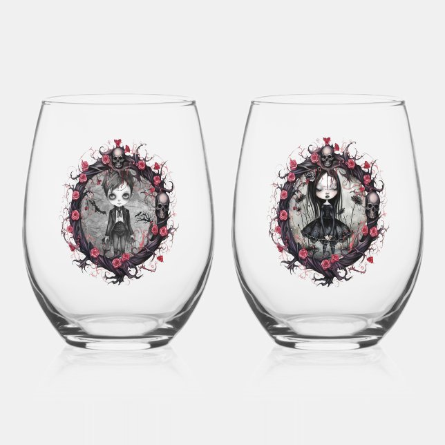 Gothic Couple Skulls and Roses Stemless Wine Glass (Front)