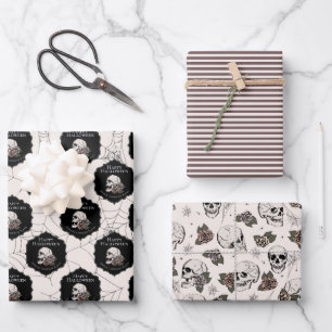 Gothic Cream Skulls and Stripes Halloween  Wrapping Paper Sheet