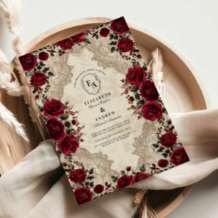 Gothic Crimson Lace Rose Wedding Invitation