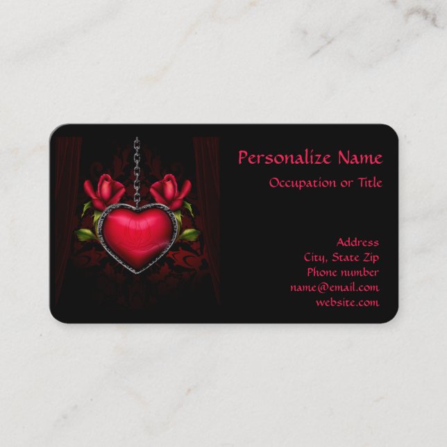 Gothic Crimson Red Heart Romantic Locket Roses Business Card (Front)