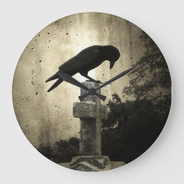 Gothic Cross And Crow Large Clock (Front)