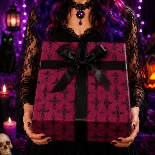 Gothic Cross Magenta Pink Spider Web Pattern Wrapping Paper