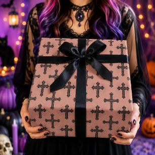 Gothic Cross & Spider Web Pink Halloween Pattern Wrapping Paper