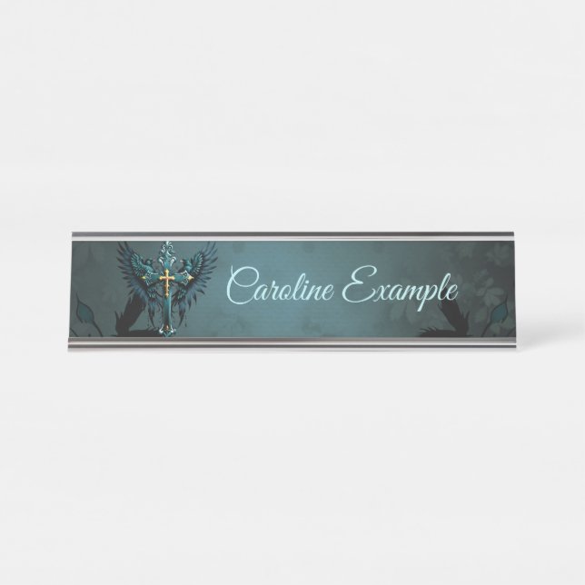 Gothic cross with decorative elements and birds. desk name plate (Front)