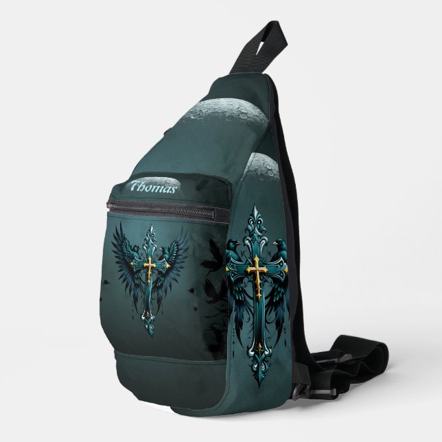 Gothic cross with decorative elements and birds. sling bag (Right Corner)